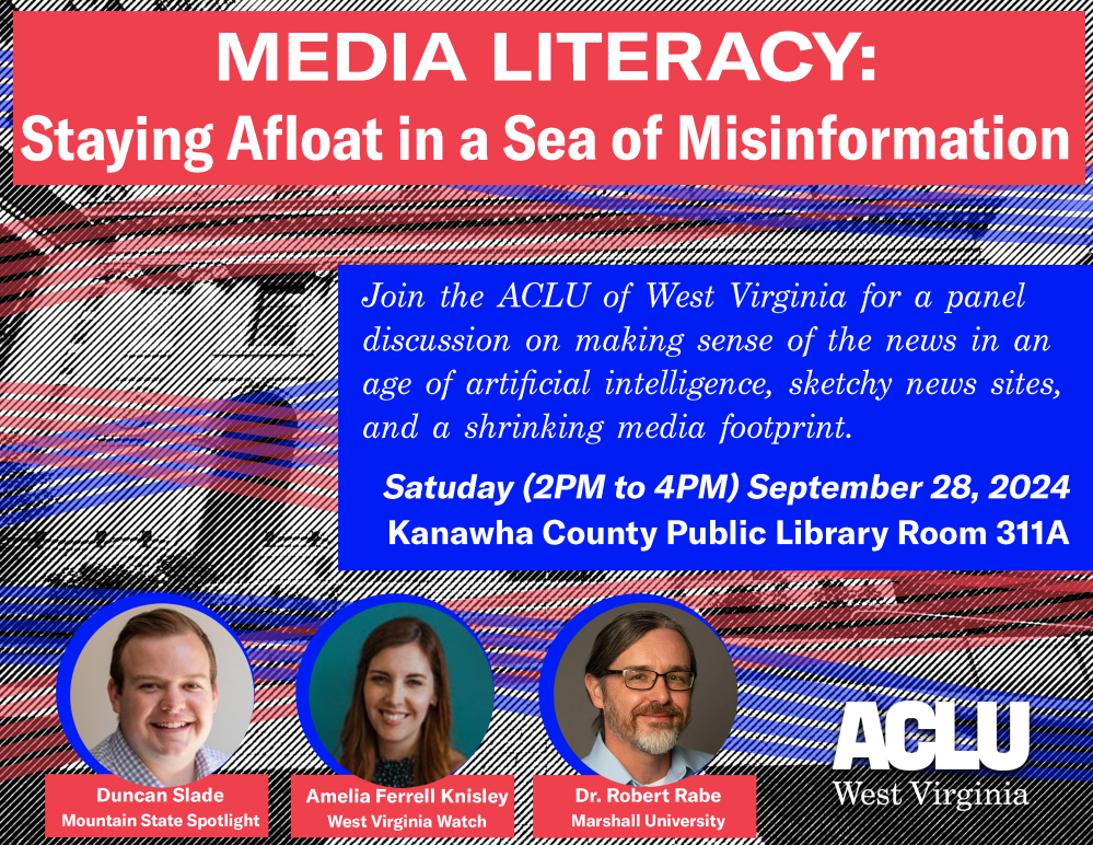 A flyer advertising a media literacy panel hosted by the ACLU of West Virginia