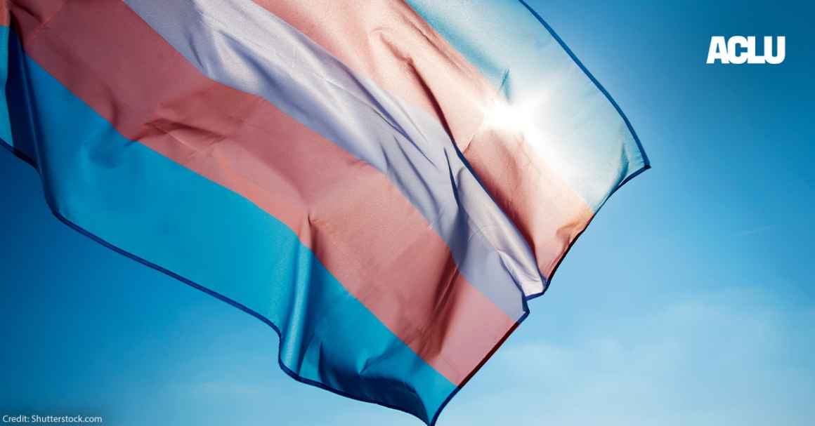 A trans pride flag blowing in the wind with sun rays shining through it. 