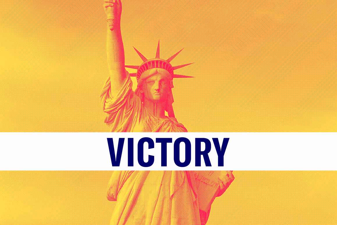 A banner across an image of the Statue of Liberty says "VICTORY."