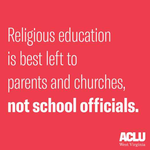 Red backgroun with white letters reading "Religious education is best left to parents and churches, not government officials."