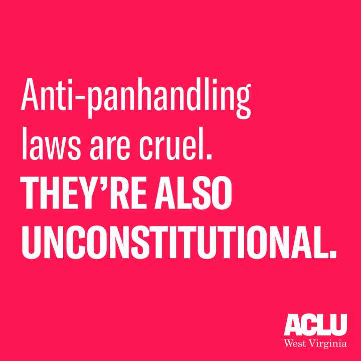White text on a red background reads "Anti-Panhandling laws are cruel. They're also unconstitutional."