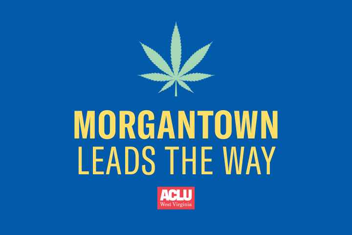 A Cannabis Leaf and the words "Morgantown Leads the Way" on a blue background