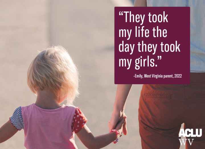 A young girl is shown from behind holding a woman's hand with the words "they took my life the day they took my girls" positioned at the top