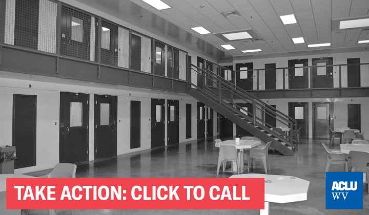 A black and white photo of a cell block with the words "Take Action; Click to Call"