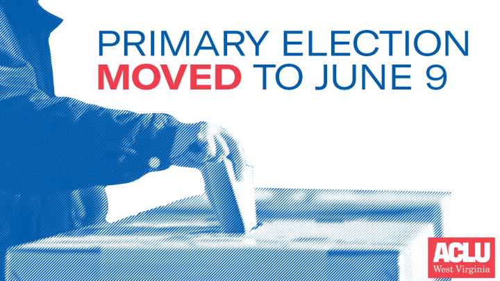 Image shows a voter with the words "Primary Election MOVED to June 9