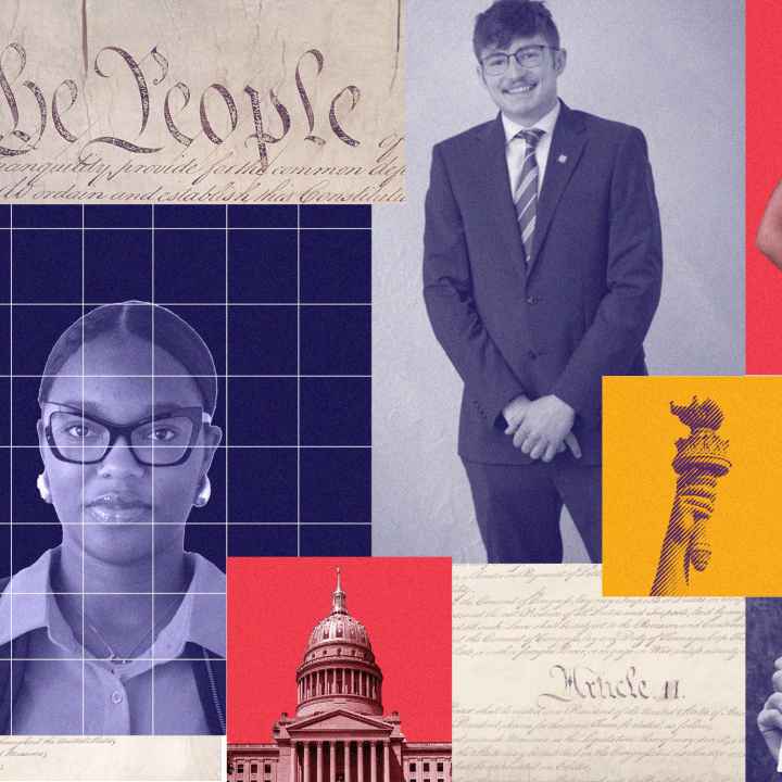 A collage graphic shows the summer's four interns along with images of lady liberty, the WV State Capitol and the Constitution.