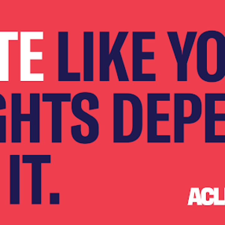 Blue text on red background says "Vote Like Your Rights Depend On It."