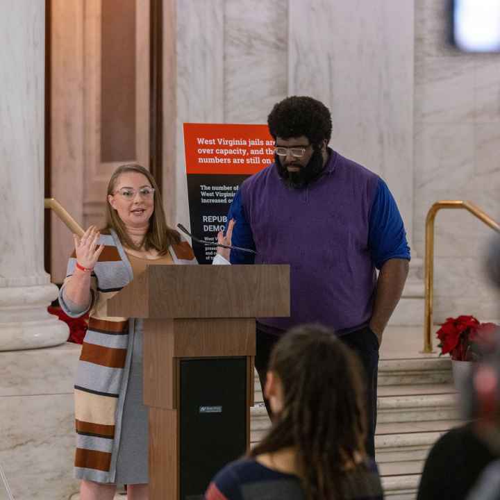 Autumn McCraw and Kenny Matthews of the West Virginia Family of Convicted People talk about the need for criminal law reforms Monday
