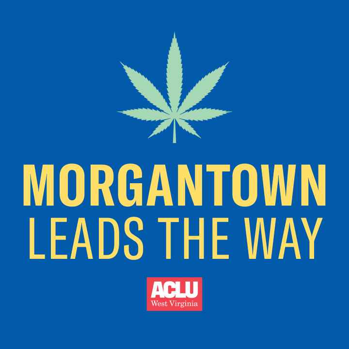 A Cannabis Leaf and the words "Morgantown Leads the Way" on a blue background