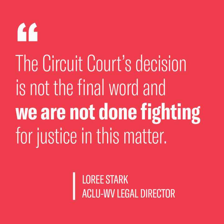 White text on red background states: The Circuit Court's decision is not the final word and we are not done fighting for justice in this matter."
