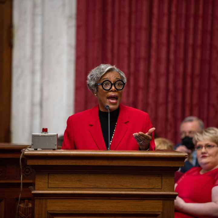 Charleston attorney Kitty Dooley, chairwoman of the legal redress committee of the Charleston Branch of the NAACP, speaks against SB 498, a classroom censorship bill. 