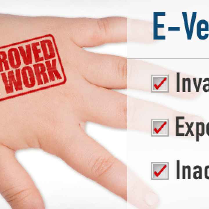Image shows a red stamp on a person's hand reading "APPROVED FOR WORK." A sidebar describes E-Verify as Invasive, Expensive, and Innacurate