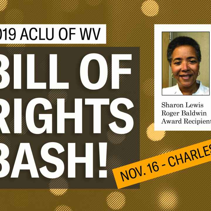 Image says 2019 Bill of Rights Bash and shows a picture of Sharon Lewis, the 2019 Roger Baldwin Award recipient