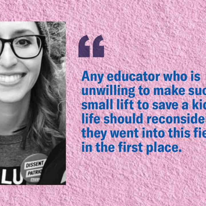 Picture of Mollie Kennedy with the quote: Student safety is not controversial. Any educator who is unwilling to make such a small lift to save a kid’s life should reconsider why they went into this field in the first place."