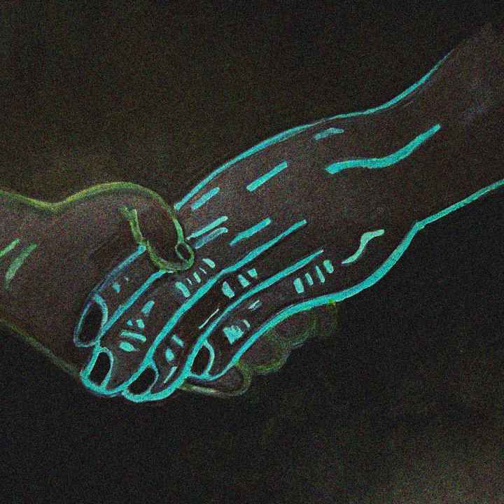 An illustration of two hands holding each other in a dark void. 