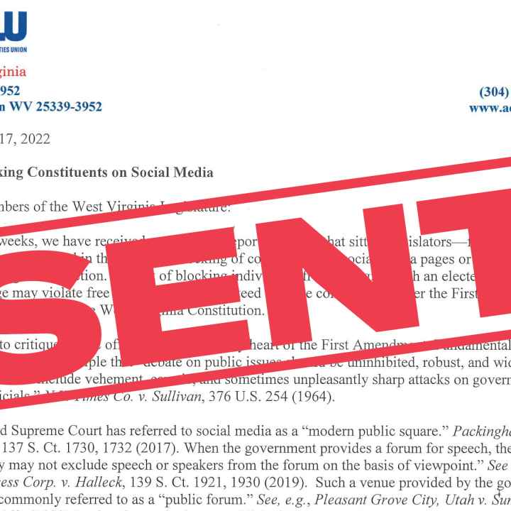 "Sent" stamped in red on a letter sent to state lawmakers regarding blocking of constituents on social media