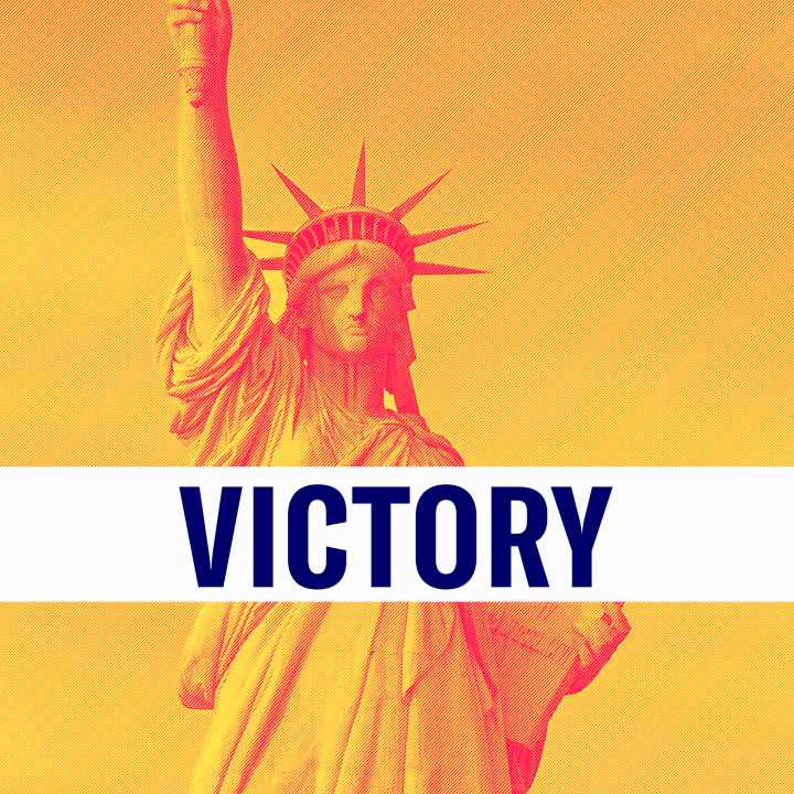 The statue of Liberty is shown behind a banner that says "VICTORY"