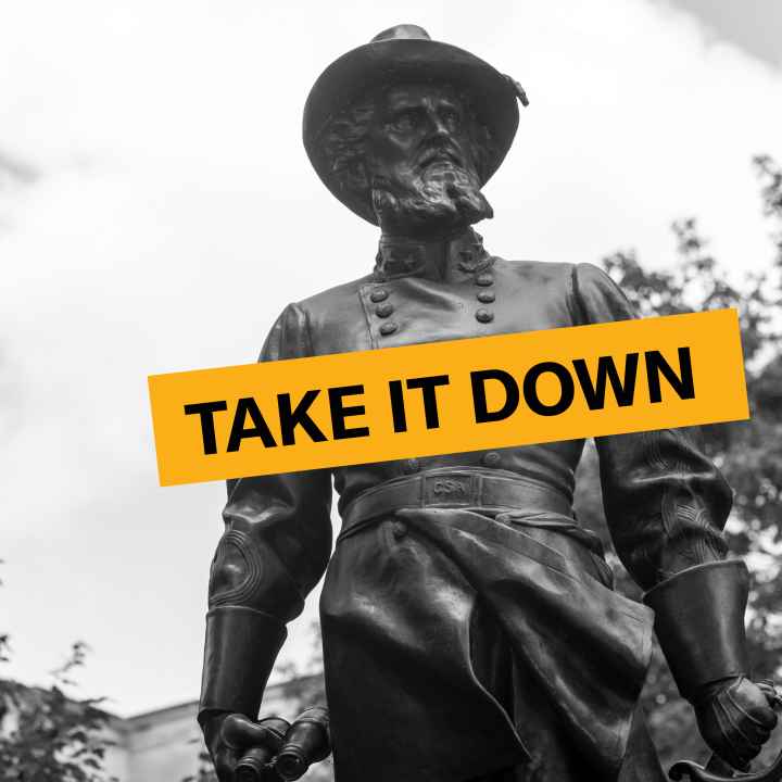 Statue of Stonewall Jackson with the words "Take it Down" superimposed